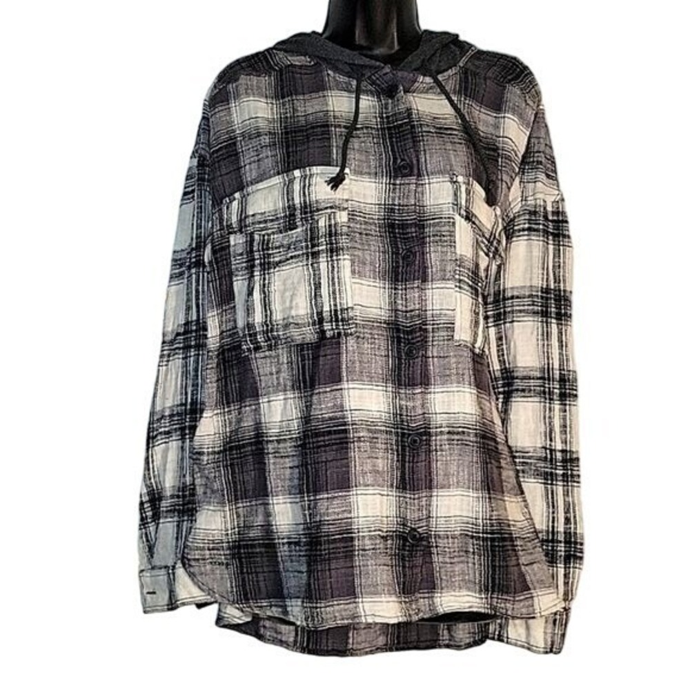 SO Plaid‎ Button down Hooded Long Sleeve Pockets Shirt Shacket Beach Coastal XL